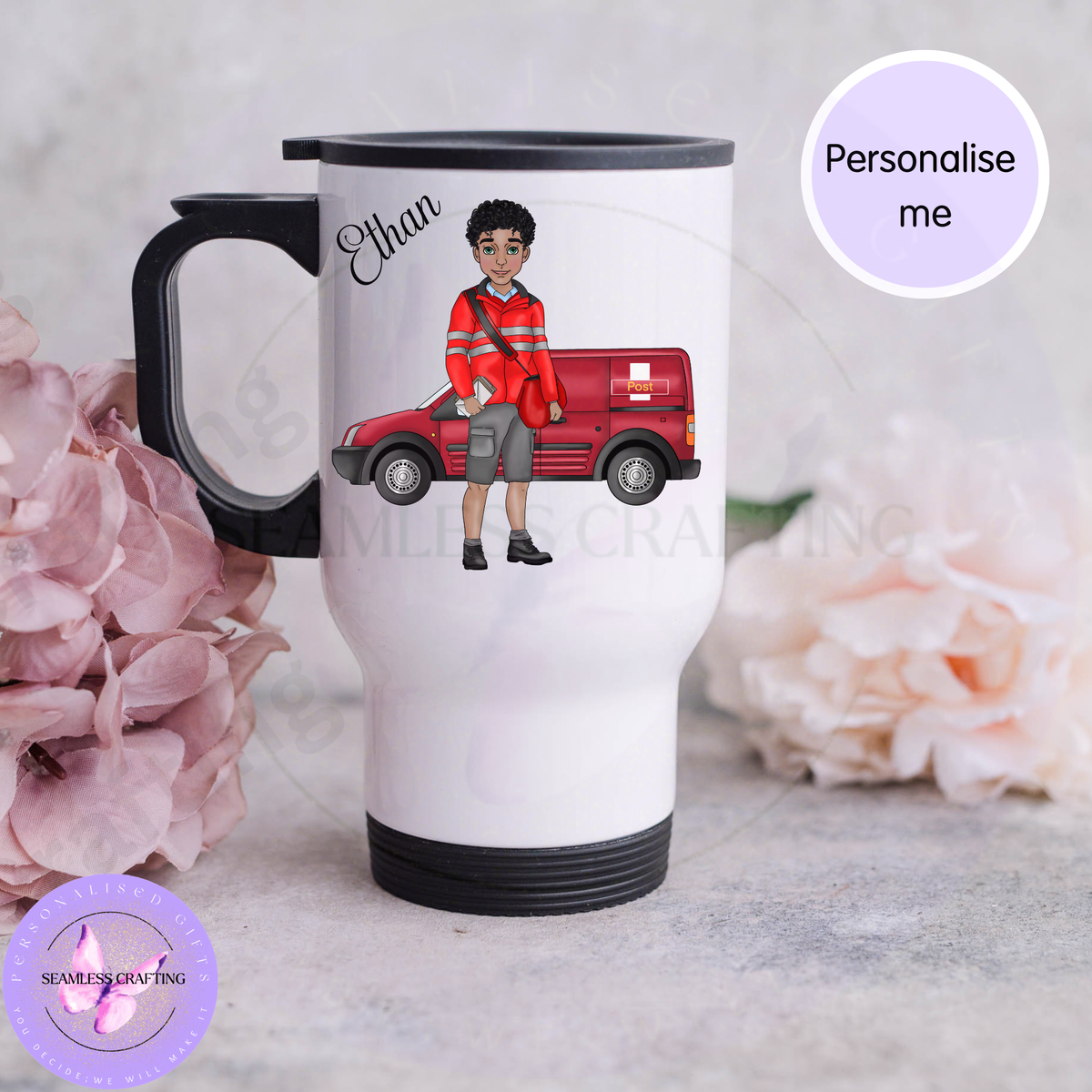 Personalised postman travel mug with custom curly hair character and name Ethan