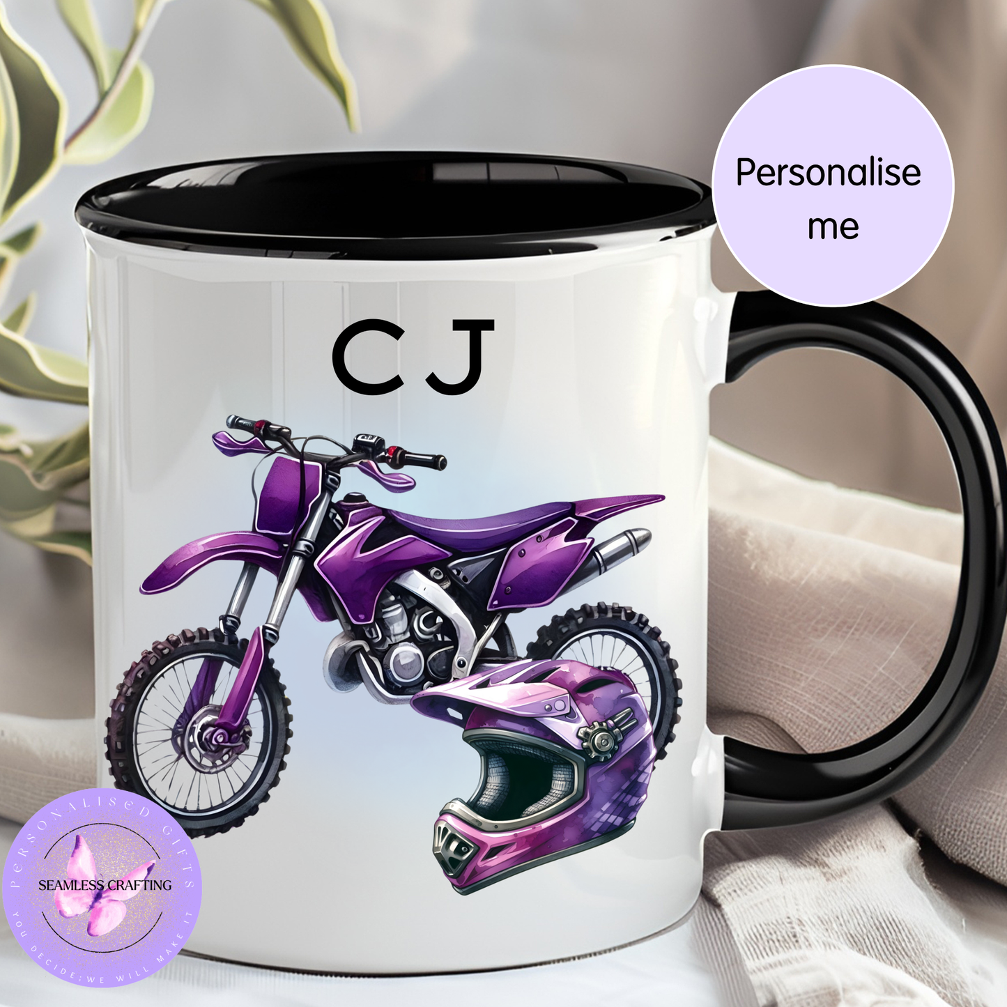 Mug with purple dirt bike and helmet design, personalized with 'CJ'.