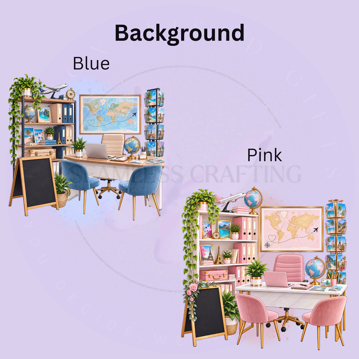 Personalised travel agent mug design showing pink and blue travel agency office background choices