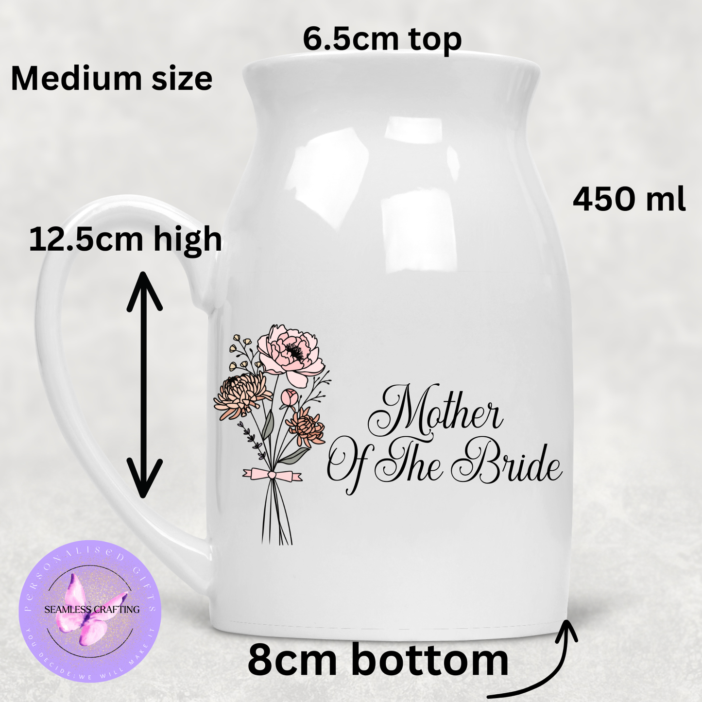 Personalised Mother of the Bride Jug – Custom Birth Flower Wedding Gift – 300ml or 450ml Ceramic Floral Pitcher