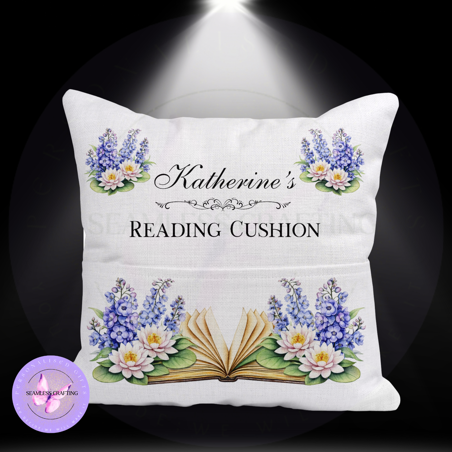 Personalised July Birth Flower Reading Cushion – Larkspur & Water Lily Book Pillow with Pocket, 40x40cm Linen Cover