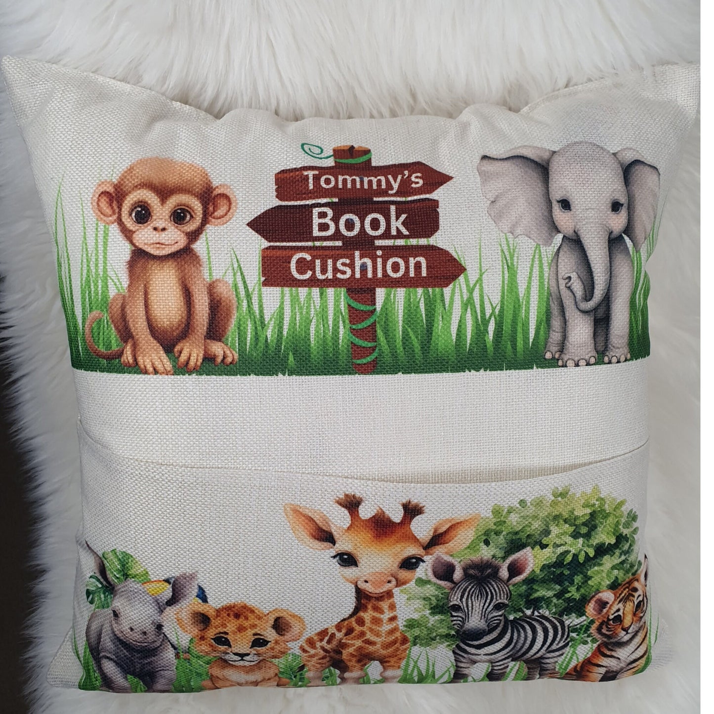Personalised Safari Jungle Book Cushion, Animal Zoo Pillow, Pocketbook cushion Lion, Wild Animals book holder Gift, Zebra, Monkey, Elephant