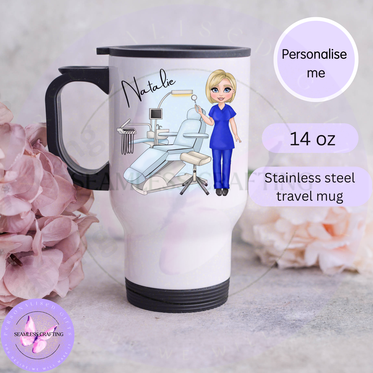Personalised dental drinkware options including ceramic mug travel mug thermos and tumbler