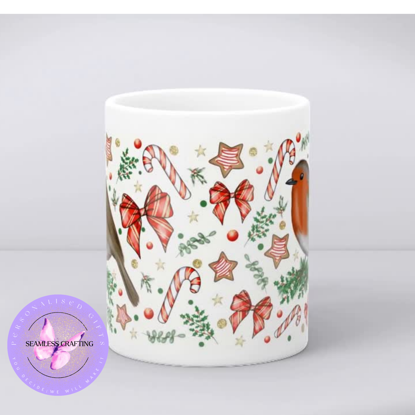 Christmas Robin Mug – 11oz Ceramic Cup – Festive Holiday Coffee Mug with Candy Canes and Bows – Winter Gift