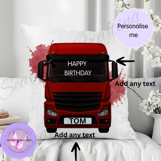 Personalised truck cushion with name and birthday message, red lorry design on linen pillow 40x40cm gift for truck drivers UK