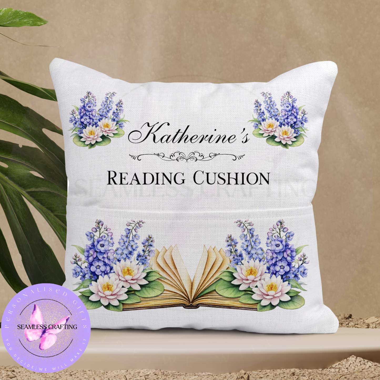 Personalised July Birth Flower Reading Cushion – Larkspur & Water Lily Book Pillow with Pocket, 40x40cm Linen Cover