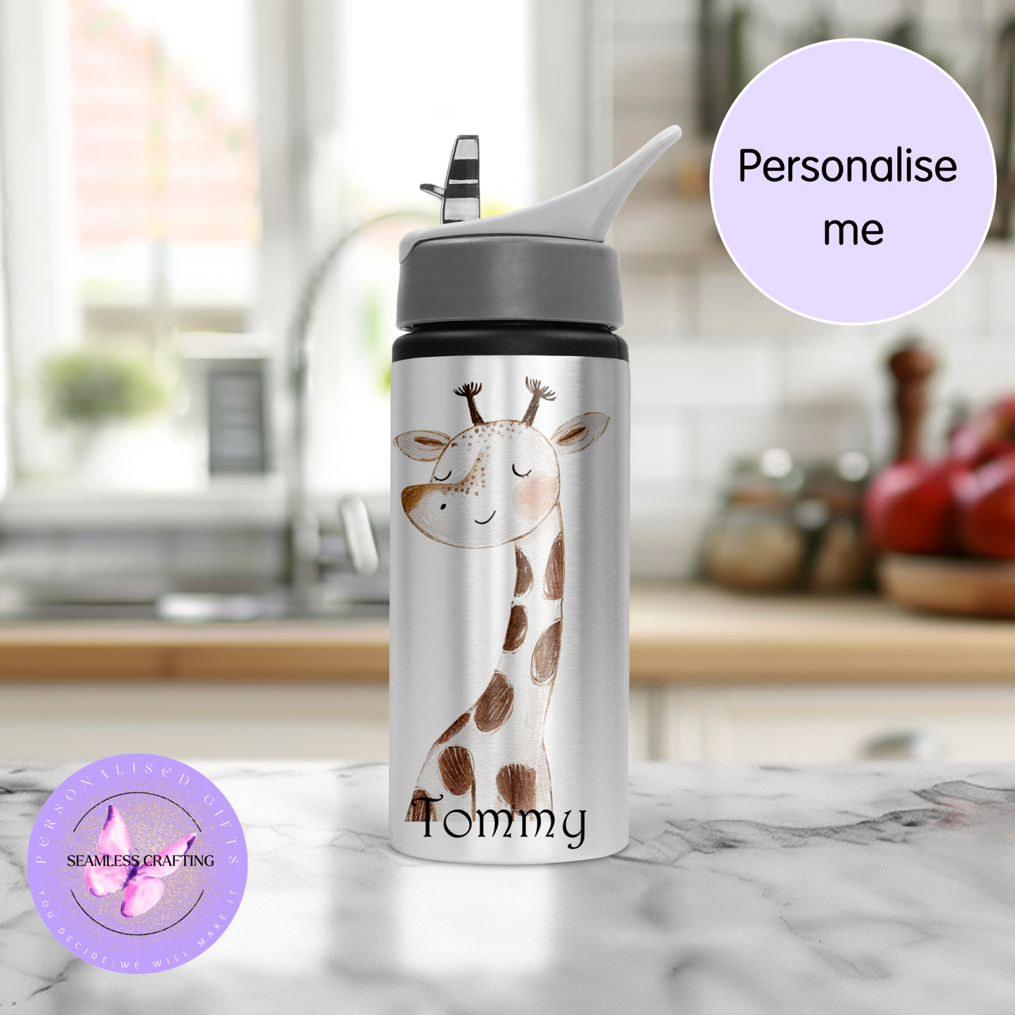 Personalised Kids 600ml Water Bottle – Cute Animal Characters | Custom Name Stainless Steel Bottle