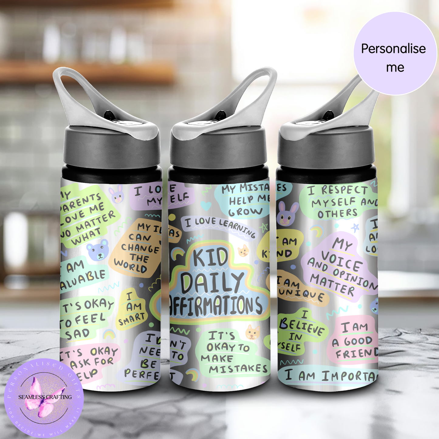 Personalised Kids Daily Affirmations Water Bottle 600ml Aluminium BPA-Free with Straw