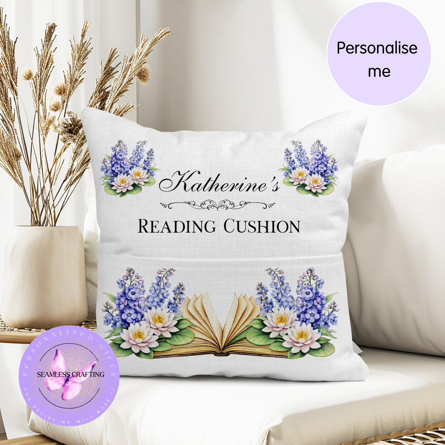 Personalised July Birth Flower Reading Cushion – Larkspur & Water Lily Book Pillow with Pocket, 40x40cm Linen Cover
