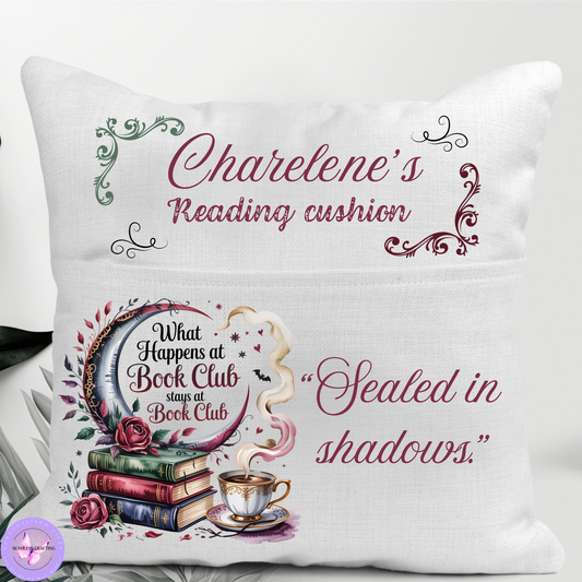 Personalised “What Happens at the Book Club Stays at the Book Club” Cushion – 40x40cm with “Sealed in Shadows” – Fun Gift for Book Lovers & Book Club Members
