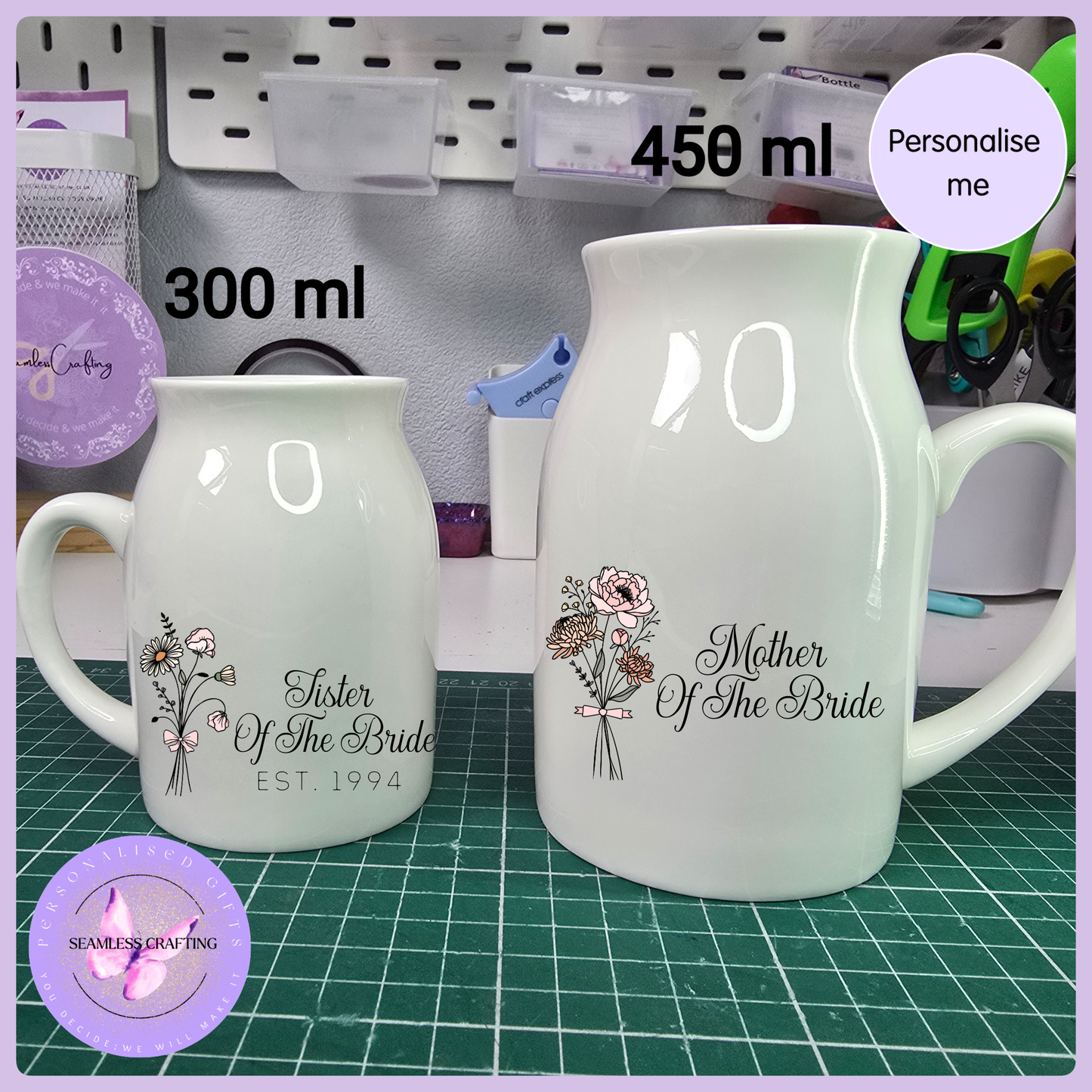 Personalised Mother of the Bride Jug – Custom Birth Flower Wedding Gift – 300ml or 450ml Ceramic Floral Pitcher