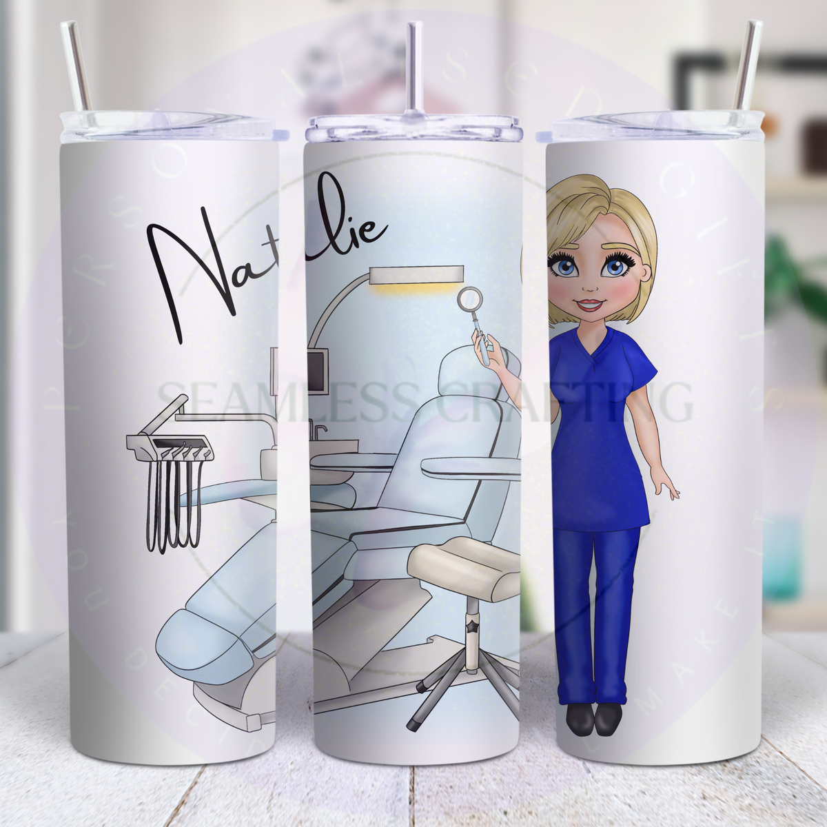 20oz personalised dentist tumbler showing custom dental character wraparound design