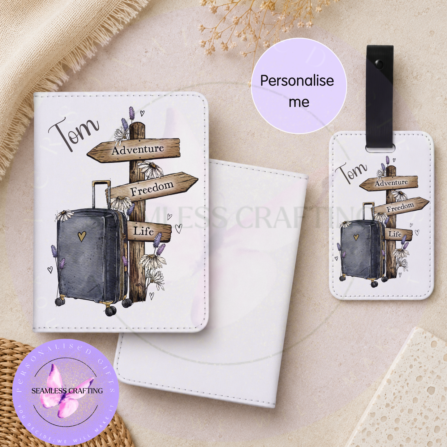 Personalised passport holder and matching luggage tag with travel signpost and suitcase design, custom name 