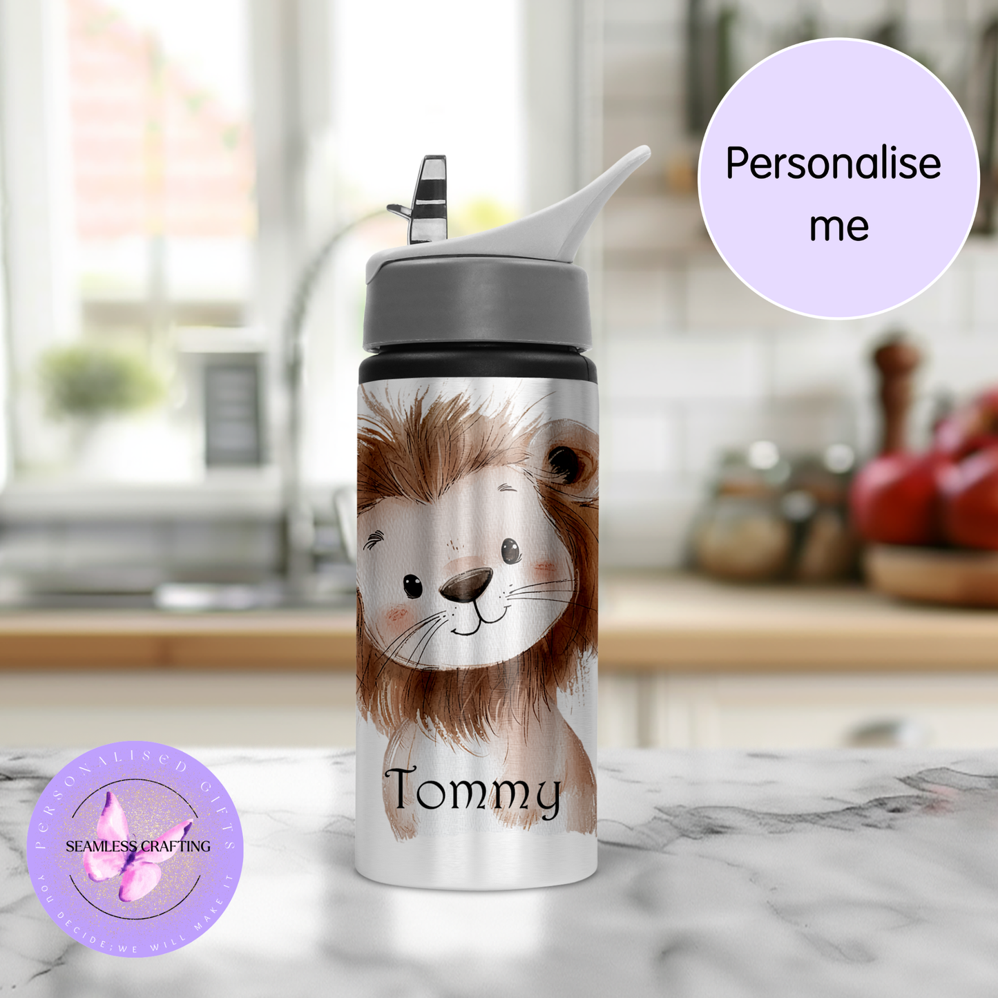 Personalised Kids 600ml Water Bottle – Cute Animal Characters | Custom Name Stainless Steel Bottle