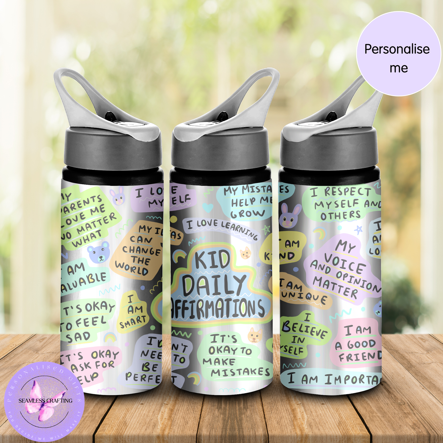 Personalised Kids Daily Affirmations Water Bottle 600ml Aluminium BPA-Free with Straw