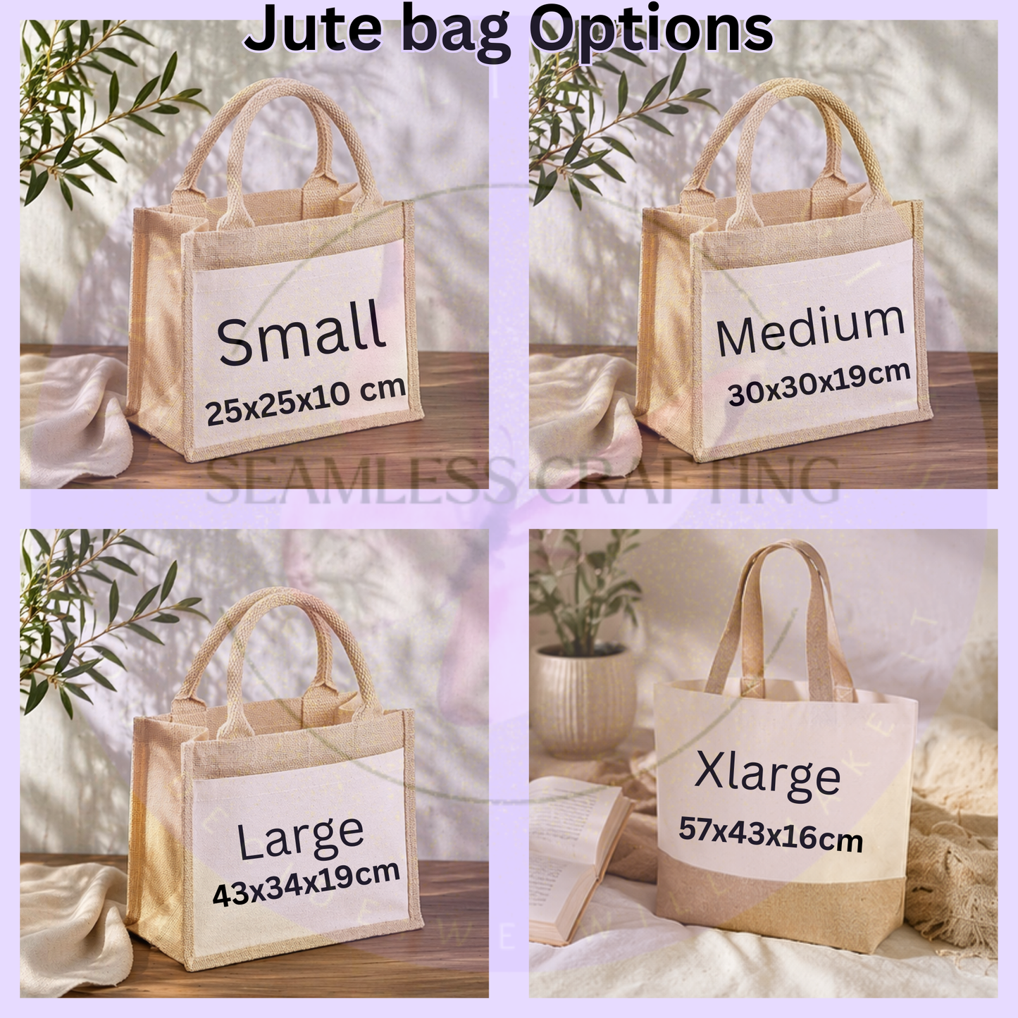 jute bag size options small medium large extra large personalised tote bag dimensions guide