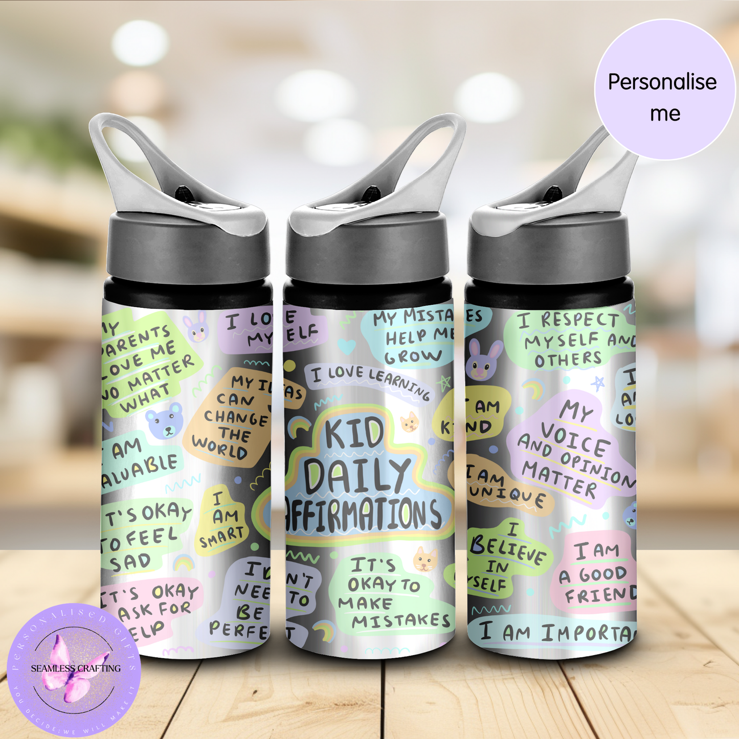 Personalised Kids Daily Affirmations Water Bottle 600ml Aluminium BPA-Free with Straw