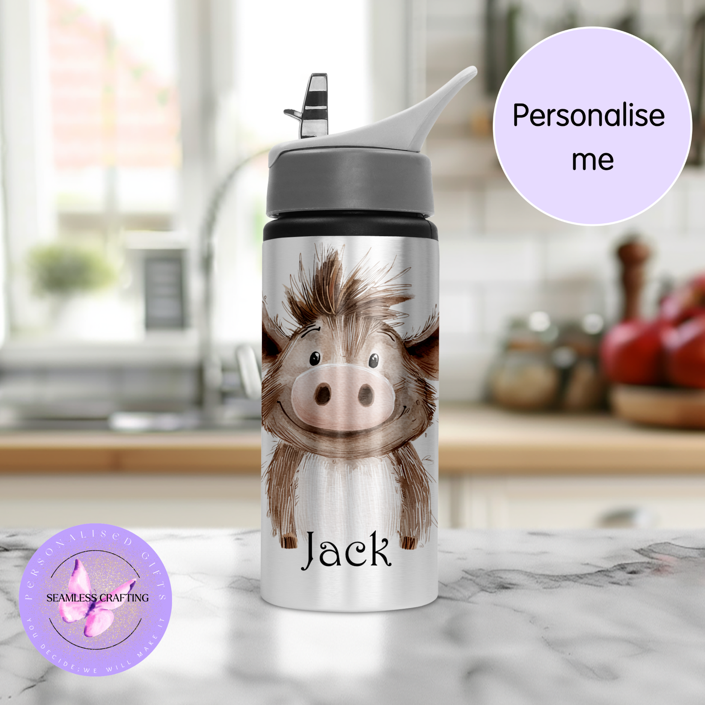 Personalised Kids 600ml Water Bottle – Cute Animal Characters | Custom Name Stainless Steel Bottle