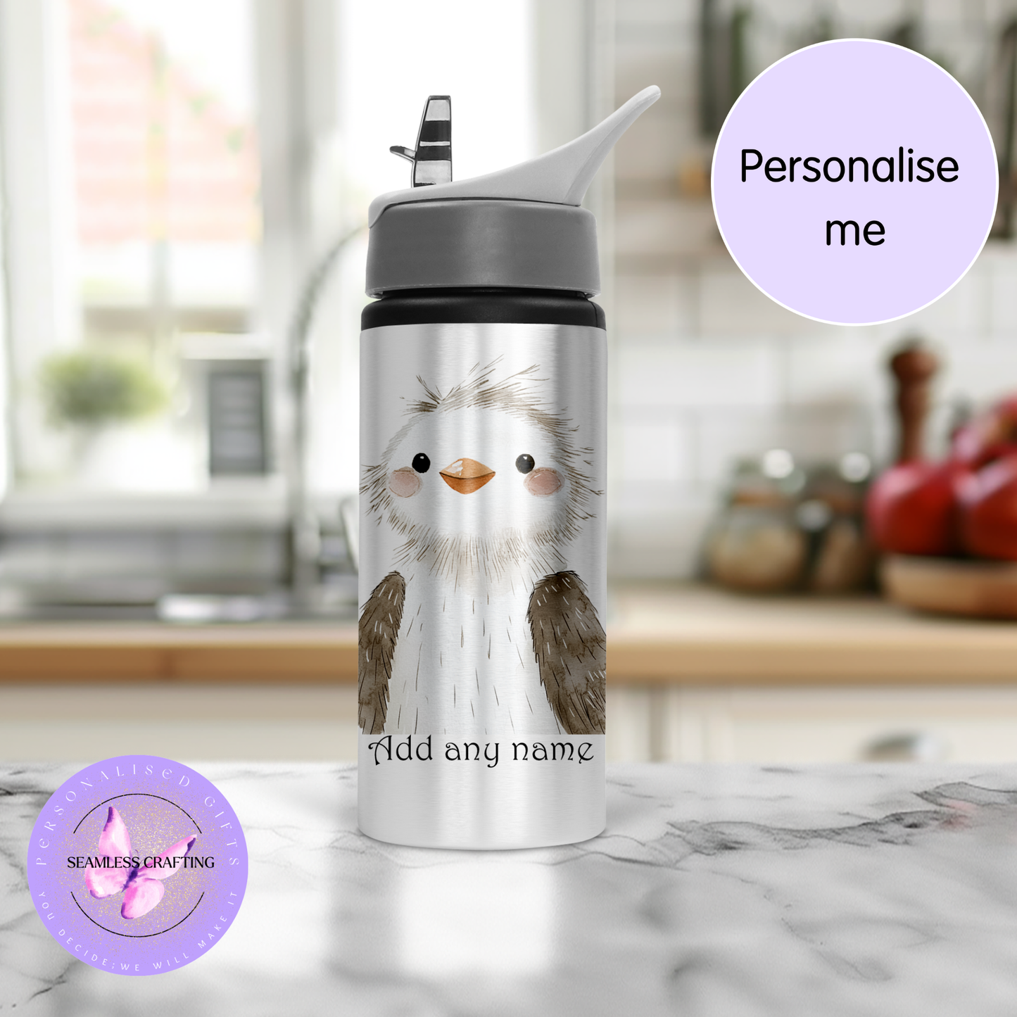 Personalised Kids 600ml Water Bottle – Cute Animal Characters | Custom Name Stainless Steel Bottle