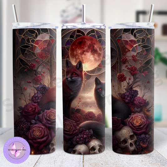 Mystical Fox & Blood Moon 20oz Stainless Steel Tumbler – Gothic Dark Fantasy Travel Cup with Lid & Straw