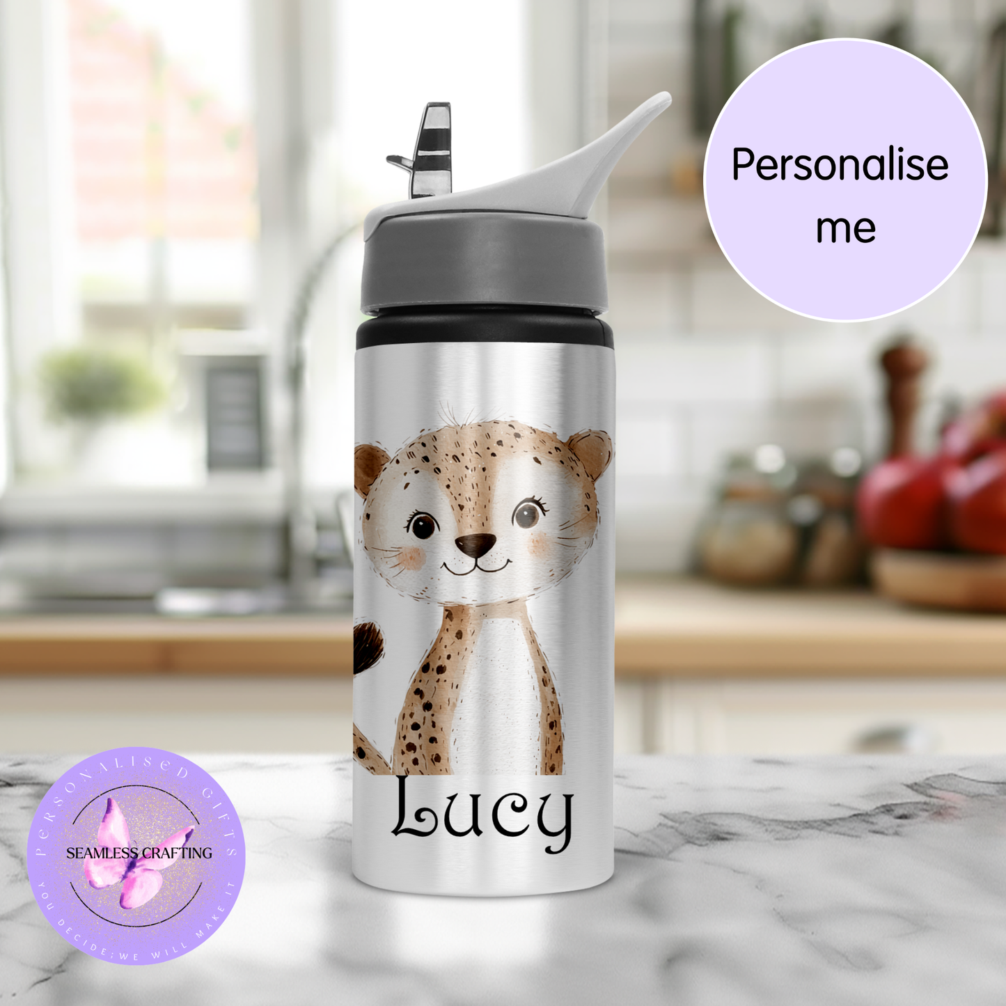 Personalised Kids 600ml Water Bottle – Cute Animal Characters | Custom Name Stainless Steel Bottle