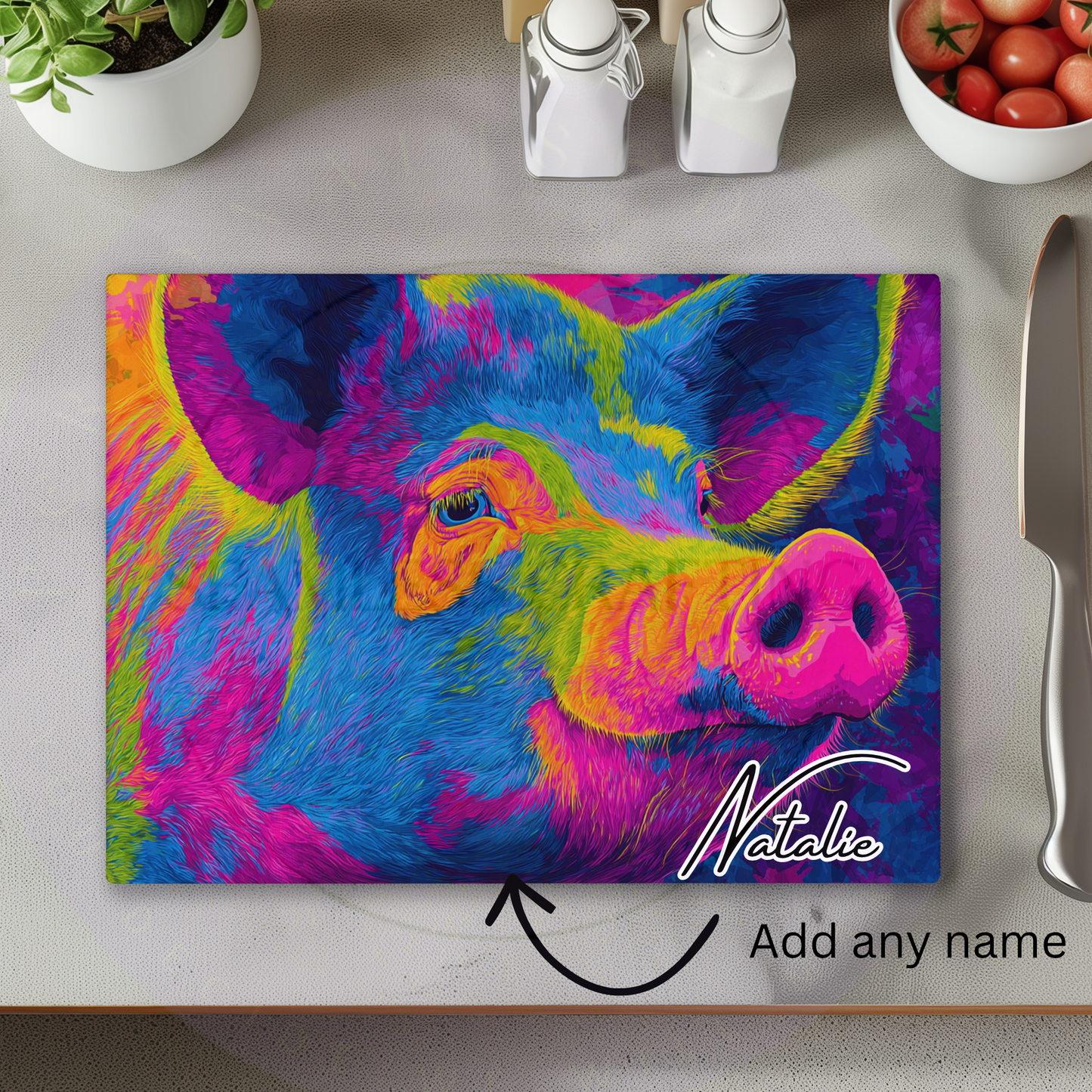 Colourful pig glass chopping board personalised with custom name kitchen worktop saver
