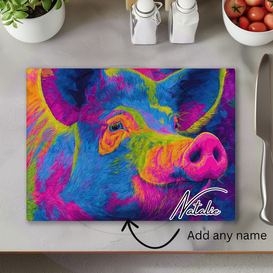 Colourful pig glass chopping board personalised with custom name kitchen worktop saver
