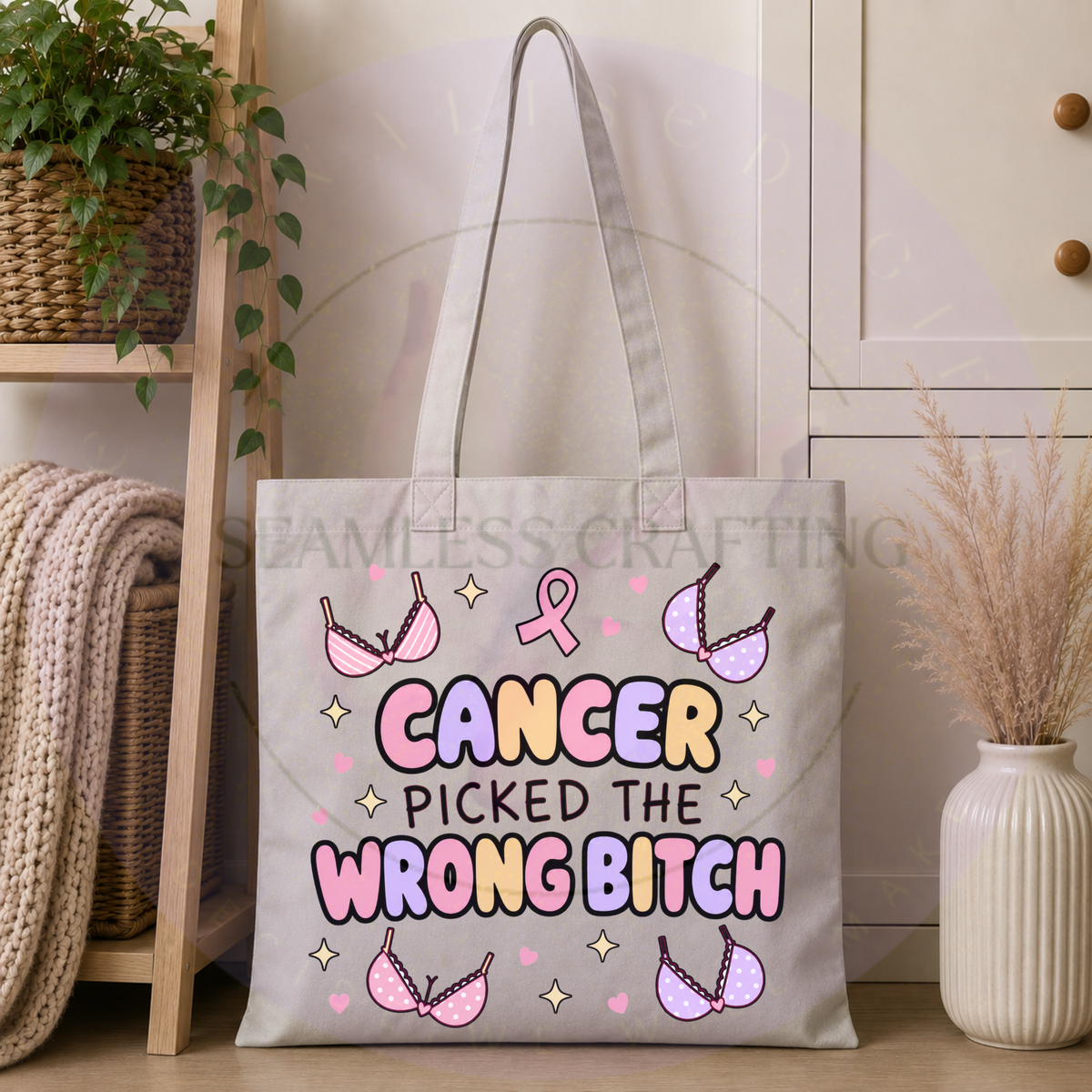 Breast cancer tote bag with pink ribbon and Cancer Picked the Wrong Bitch quote