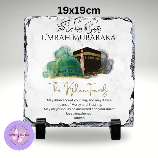 Personalised Umrah or Hajj Mubarak Rock Slate – 19x19cm or 15x15cm – Custom Islamic Gift with Name