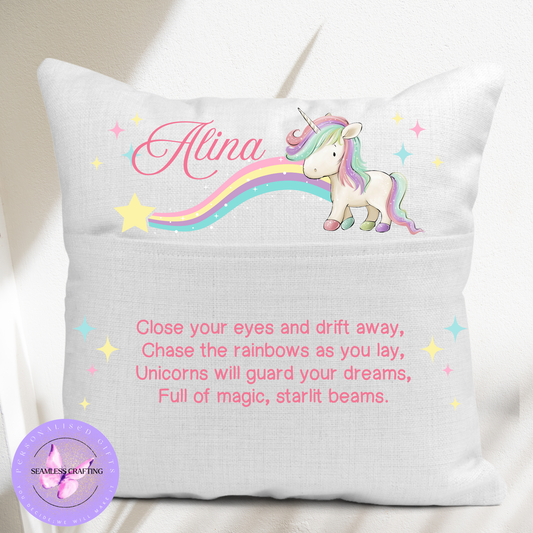 Personalised Unicorn Cushion for Girls – Custom Name Linen Pillow 40x40cm | Magical Unicorn Bedroom Decor | Dreamy Kids Cushion Cover