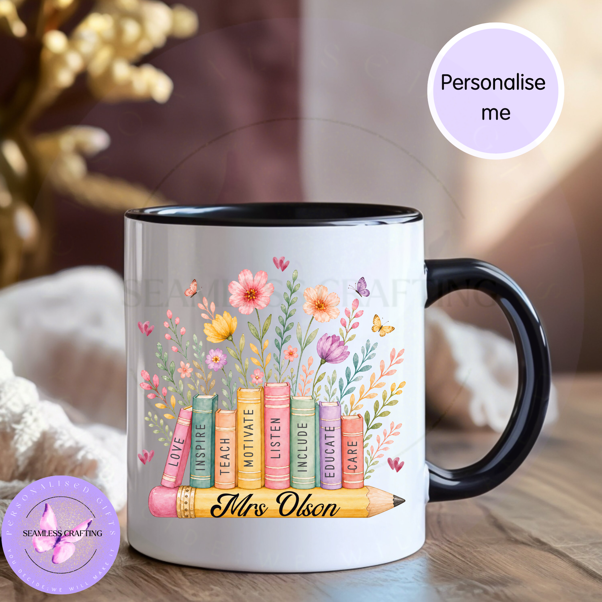 Personalised teacher mug with floral books and pencil design, custom name printed on white ceramic mug