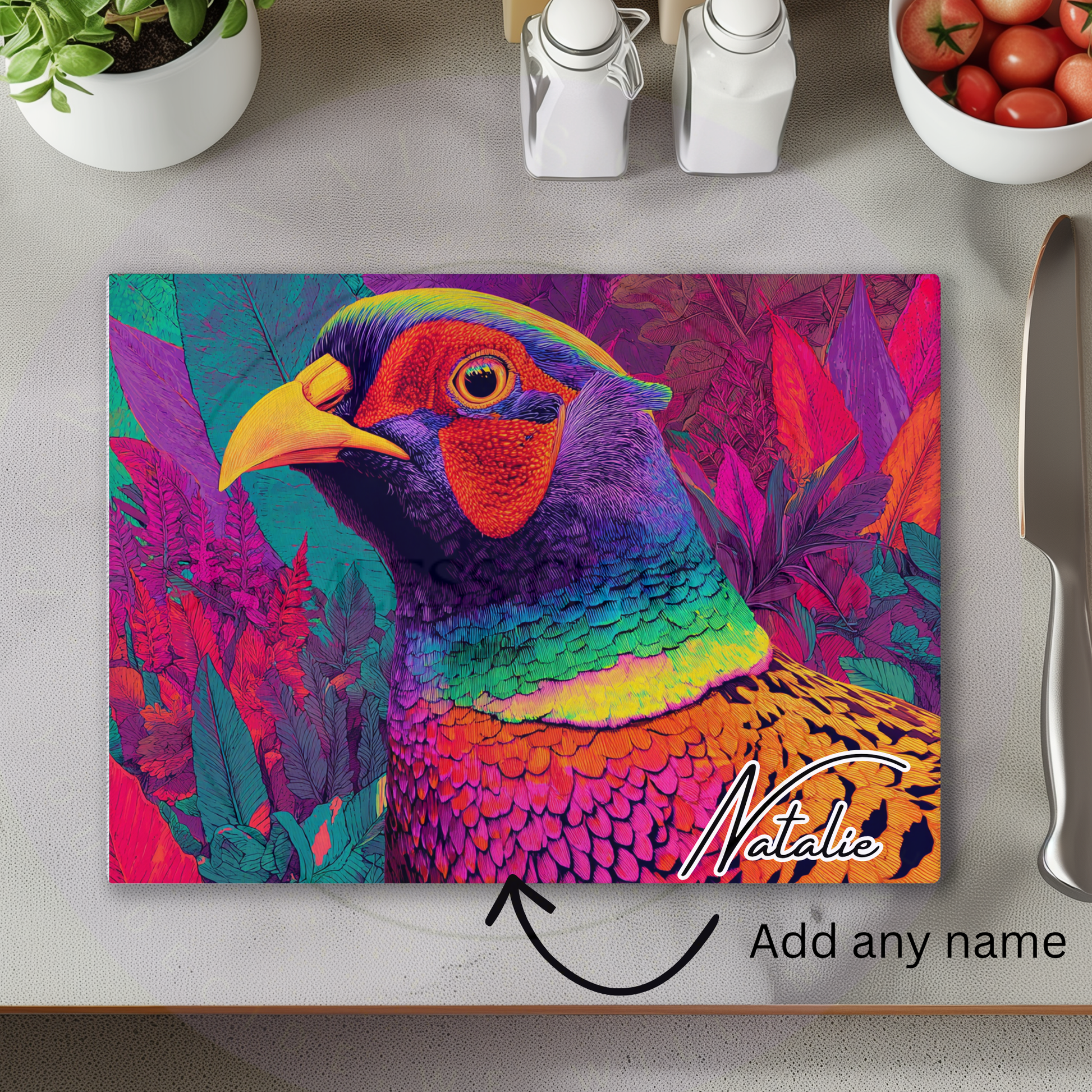 personalised pheasant chopping board colourful glass worktop saver
