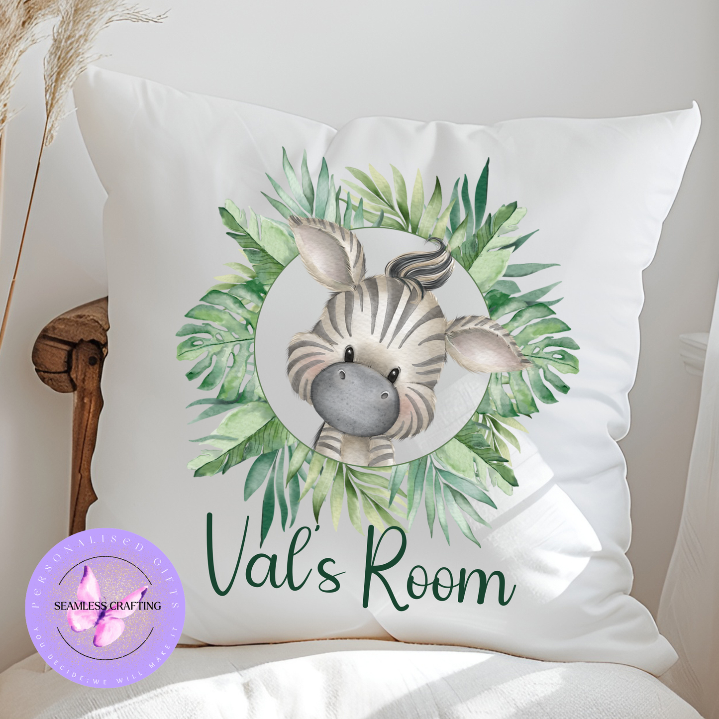 Personalised Jungle Animal Cushion – Custom Name Nursery Pillow – Elephant, Lion, Monkey – Kids Bedroom Decor 40×40cm