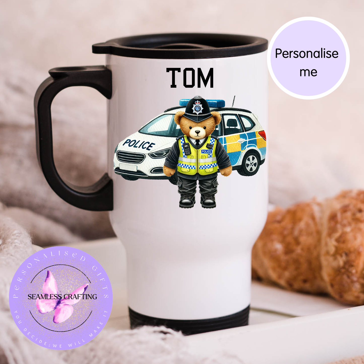 Personalised police bear mug with custom name and police car design