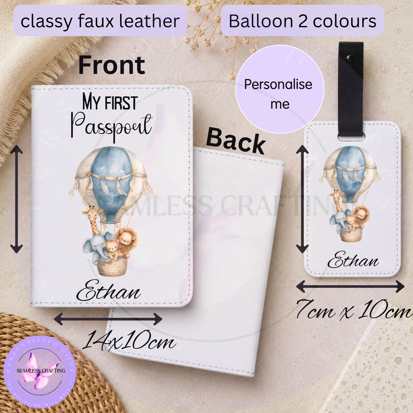 Personalised first passport cover and luggage tag with blue hot air balloon animal design