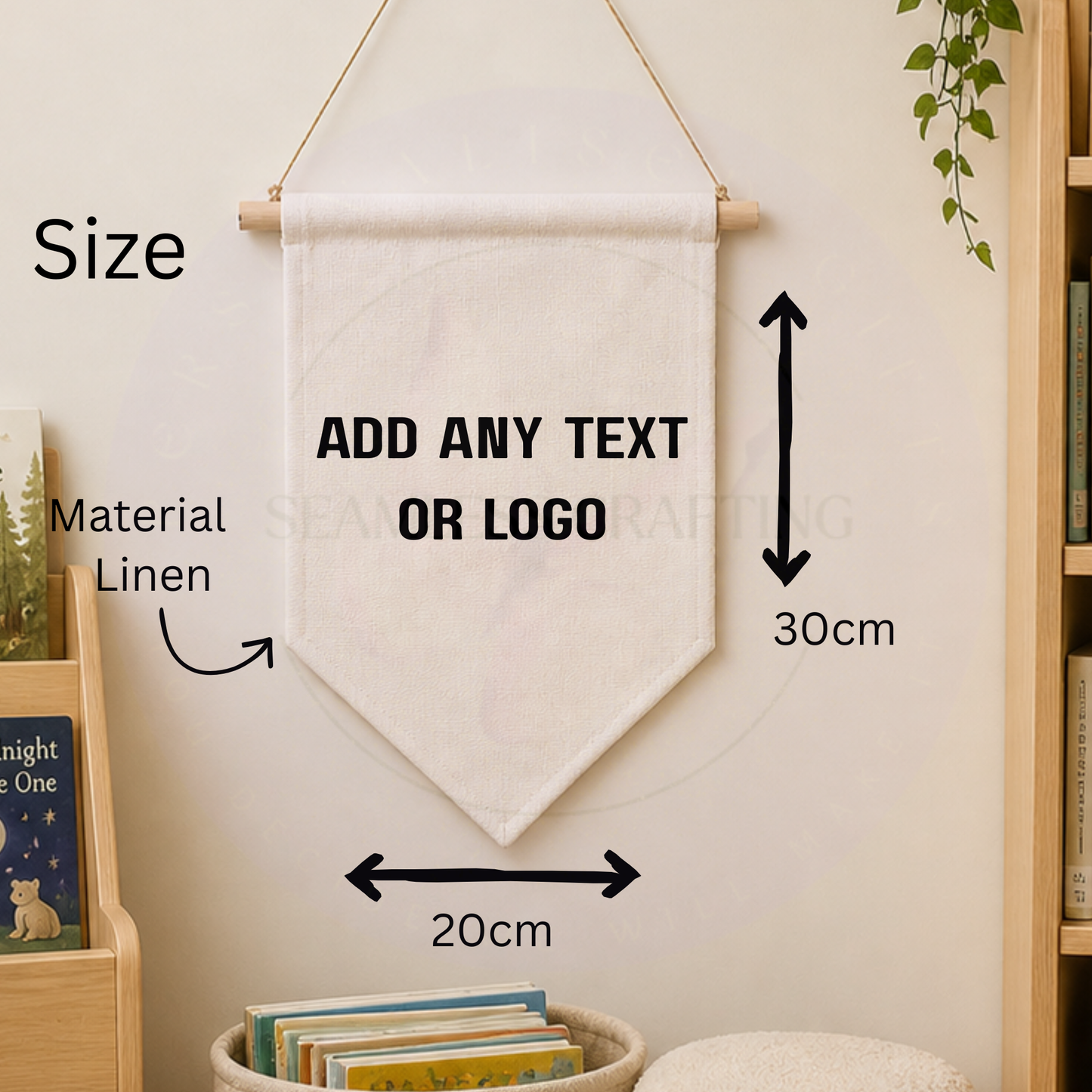 Personalised linen pennant banner with custom text or logo, 20 x 30 cm wall hanging