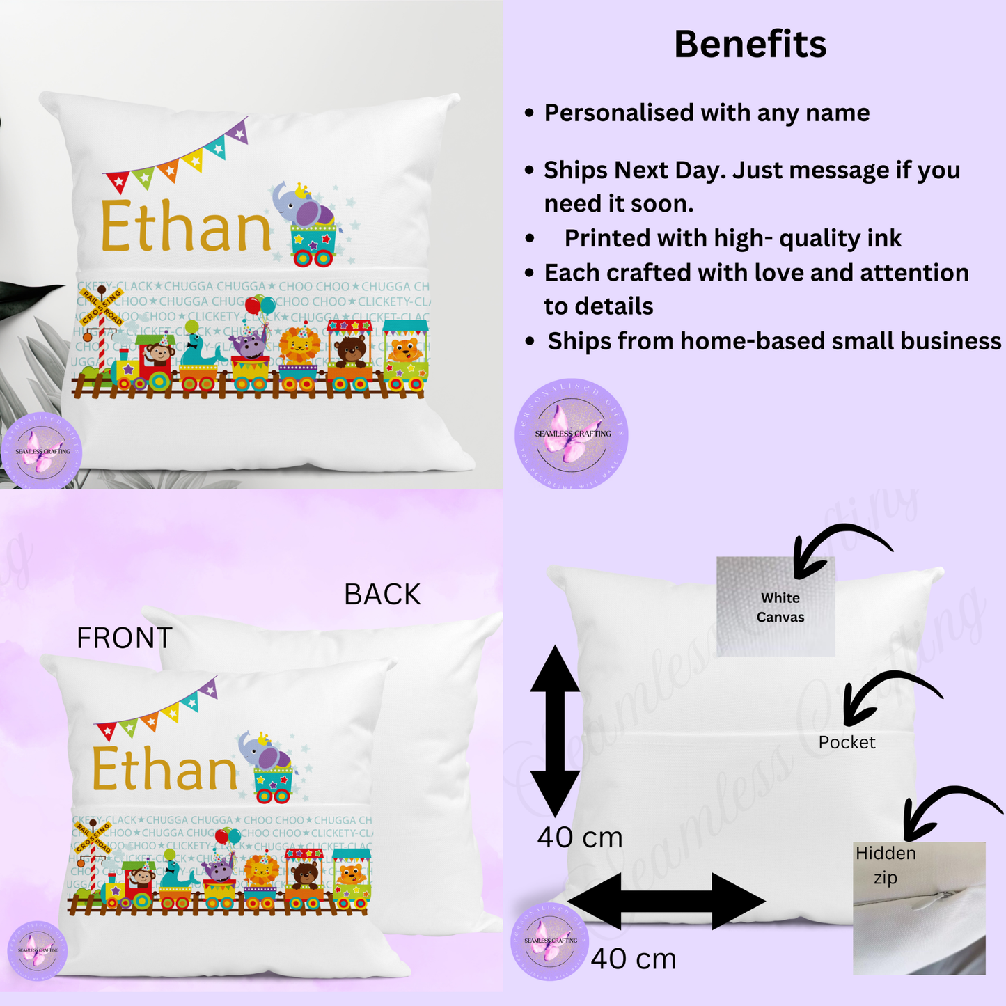 Personalised Animal Train Reading Cushion – Custom Name Book Pocket Pillow | Jungle Safari Kids Gift (40cm)