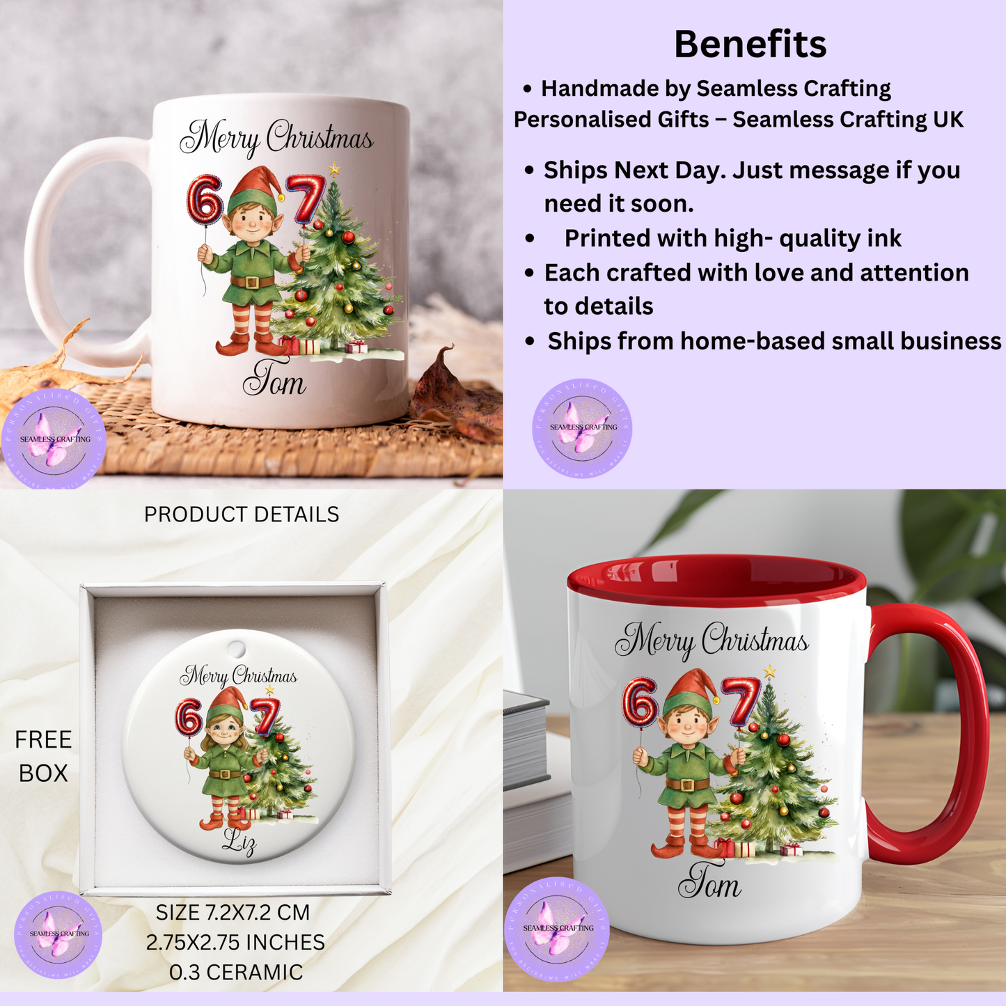 Personalised 6/7 Christmas Elf Gift – Custom Ceramic Ornament or Mug | Trending Kids Christmas Gift | Elf Girl or Boy | Add Name