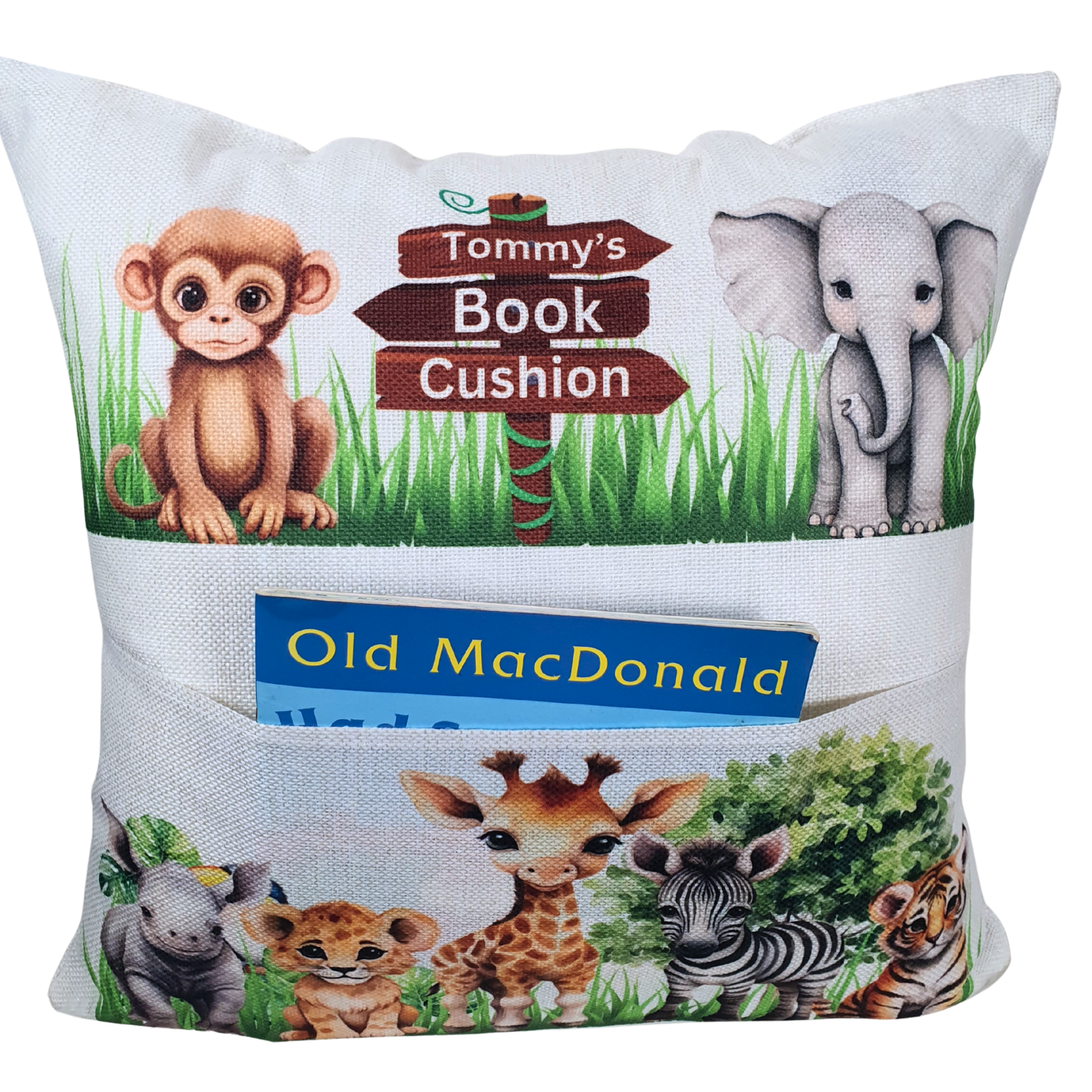 Personalised safari animal cushion for kids. Handmade linen book pocket pillow, perfect for jungle nursery decor or reading corner. Made in the UK.