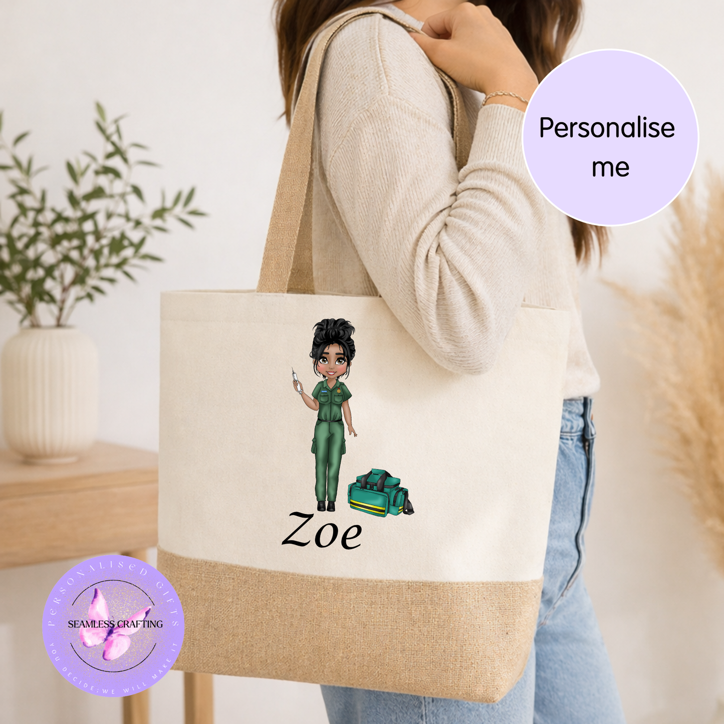 personalised paramedic tote bag worn on shoulder custom name jute bag gift for healthcare worker everyday use