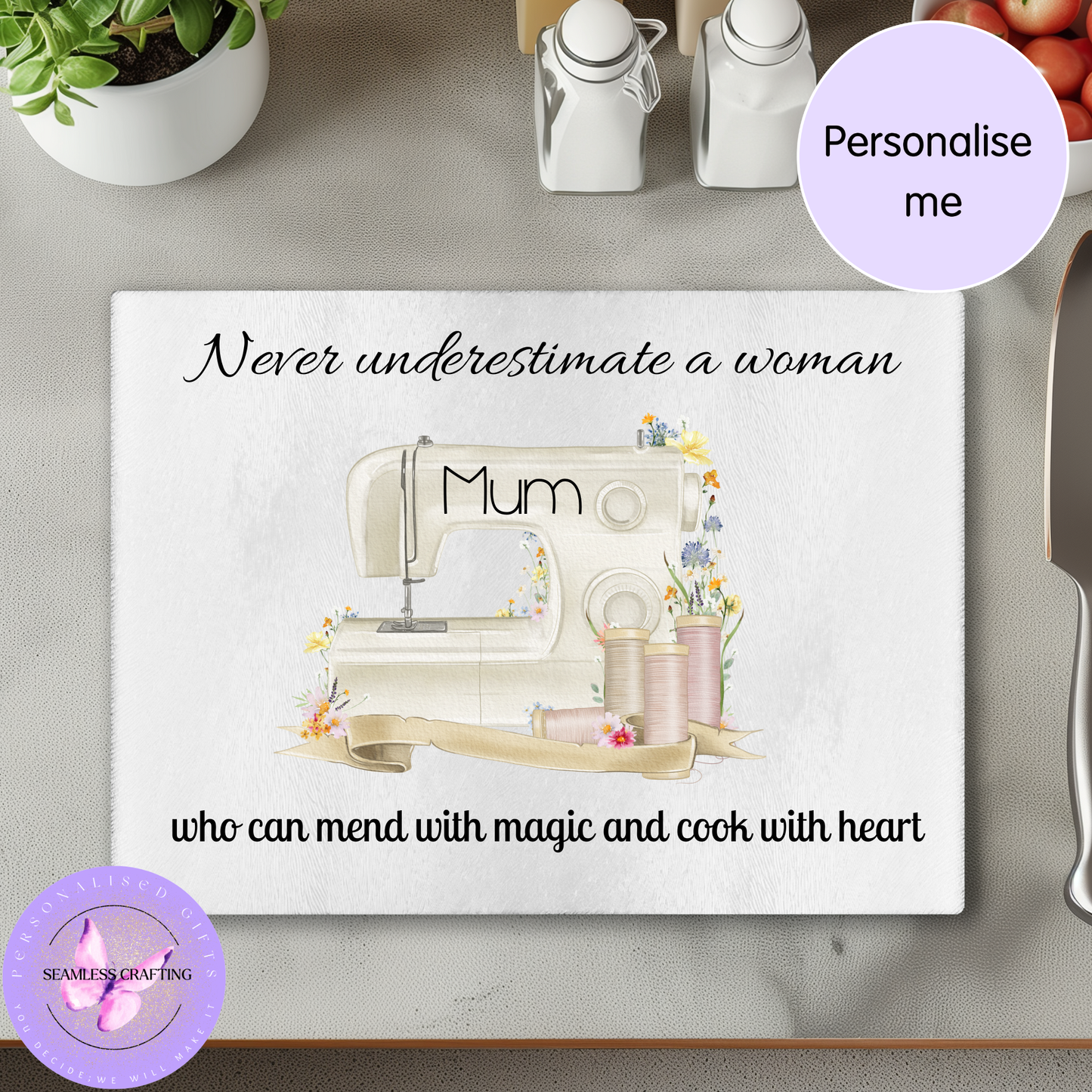Personalised Sewing Machine Glass Chopping Board – Never Underestimate a Woman – Custom Name Kitchen Board Gift