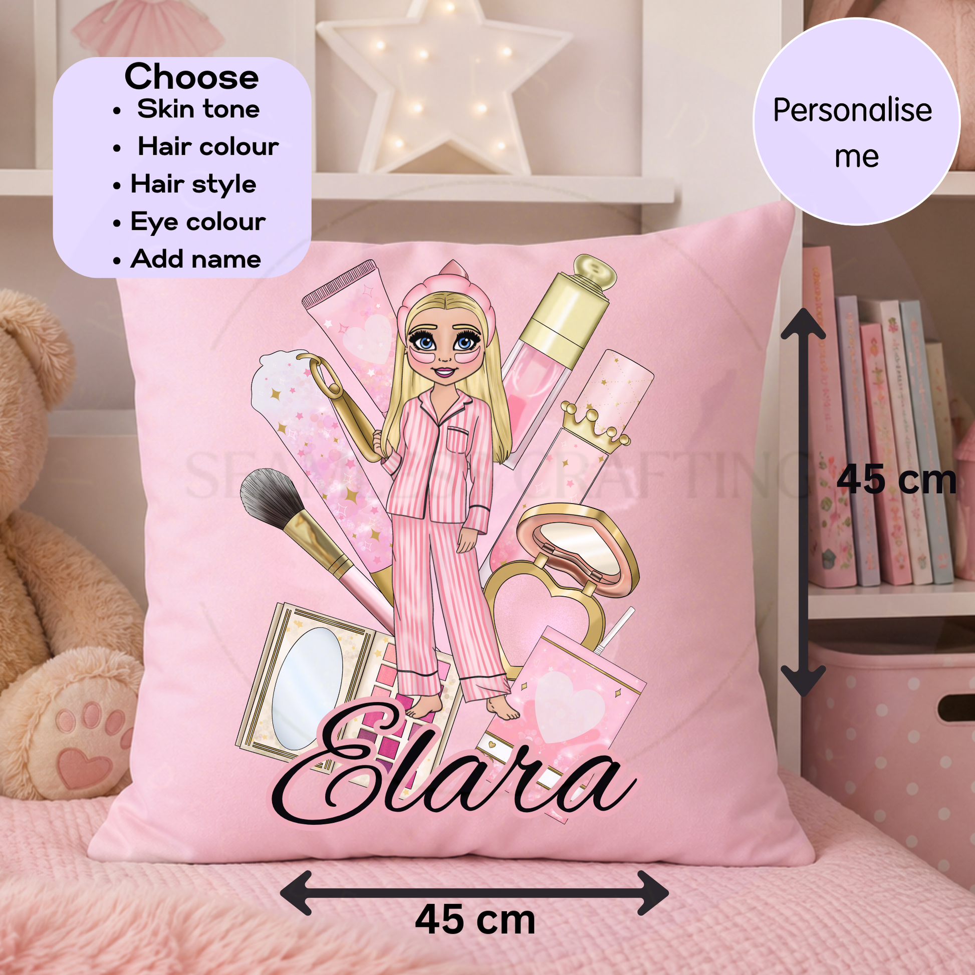 Pink personalised makeup girl cushion with the name Elara and custom character choices