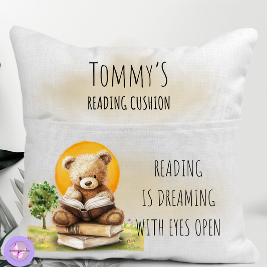 Personalised Kids Reading Cushion with Pocket | Custom Name Linen Cushion for Book Lovers