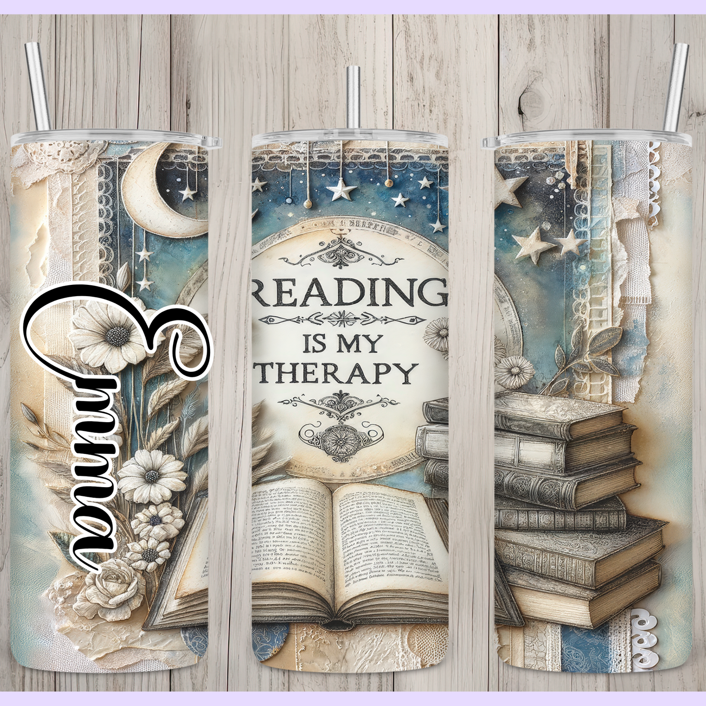 Personalised Reading Is My Therapy Tumbler – Book Lover Gift – Custom Name 15oz or 20oz Stainless Steel Cup