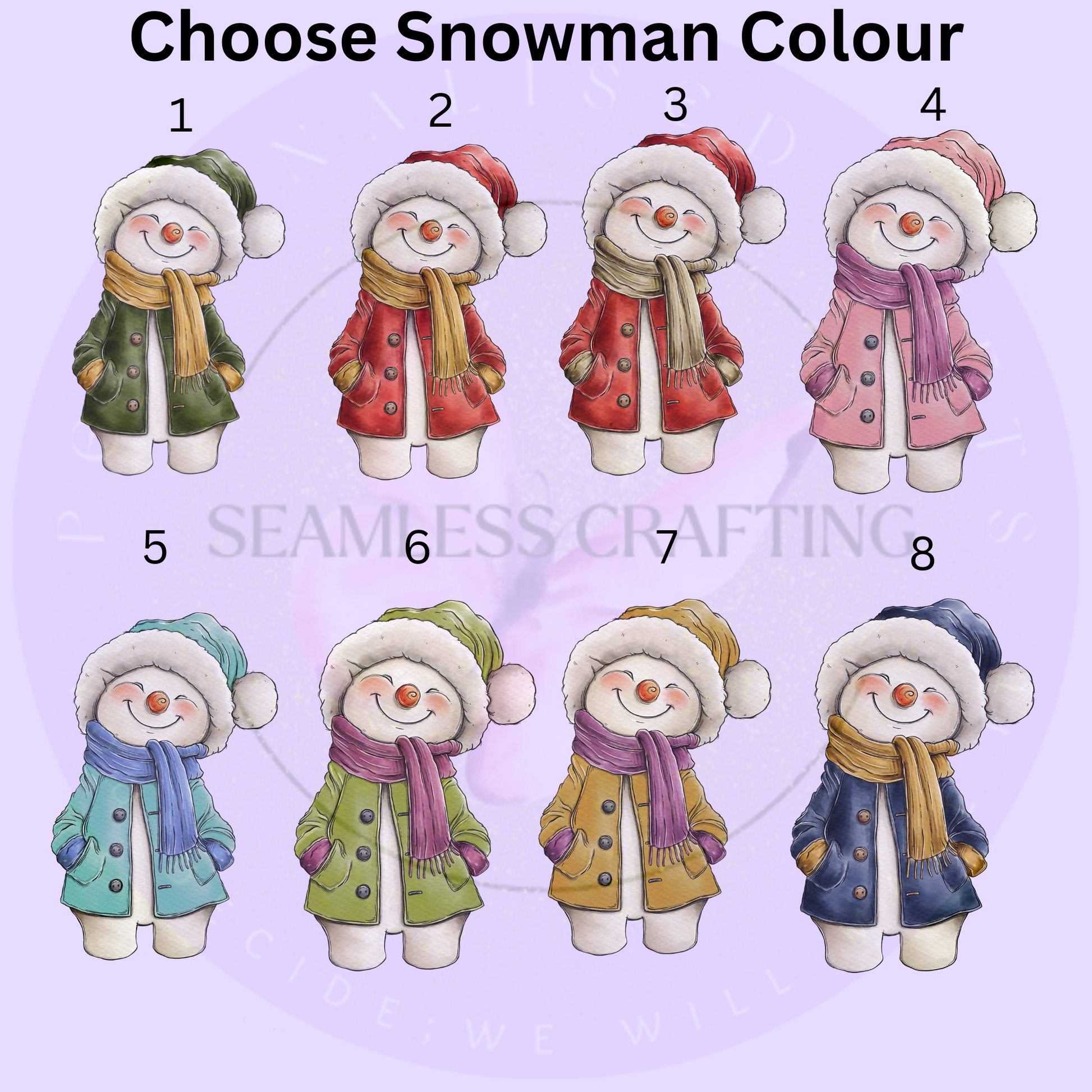 Eight colour choices for personalised snowman Christmas sack