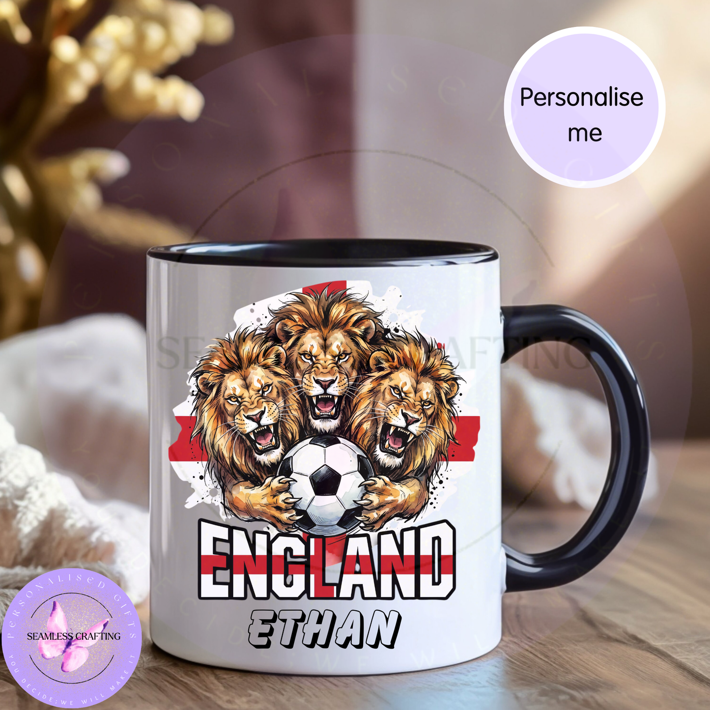 Personalised England football mug on white ceramic mug gift