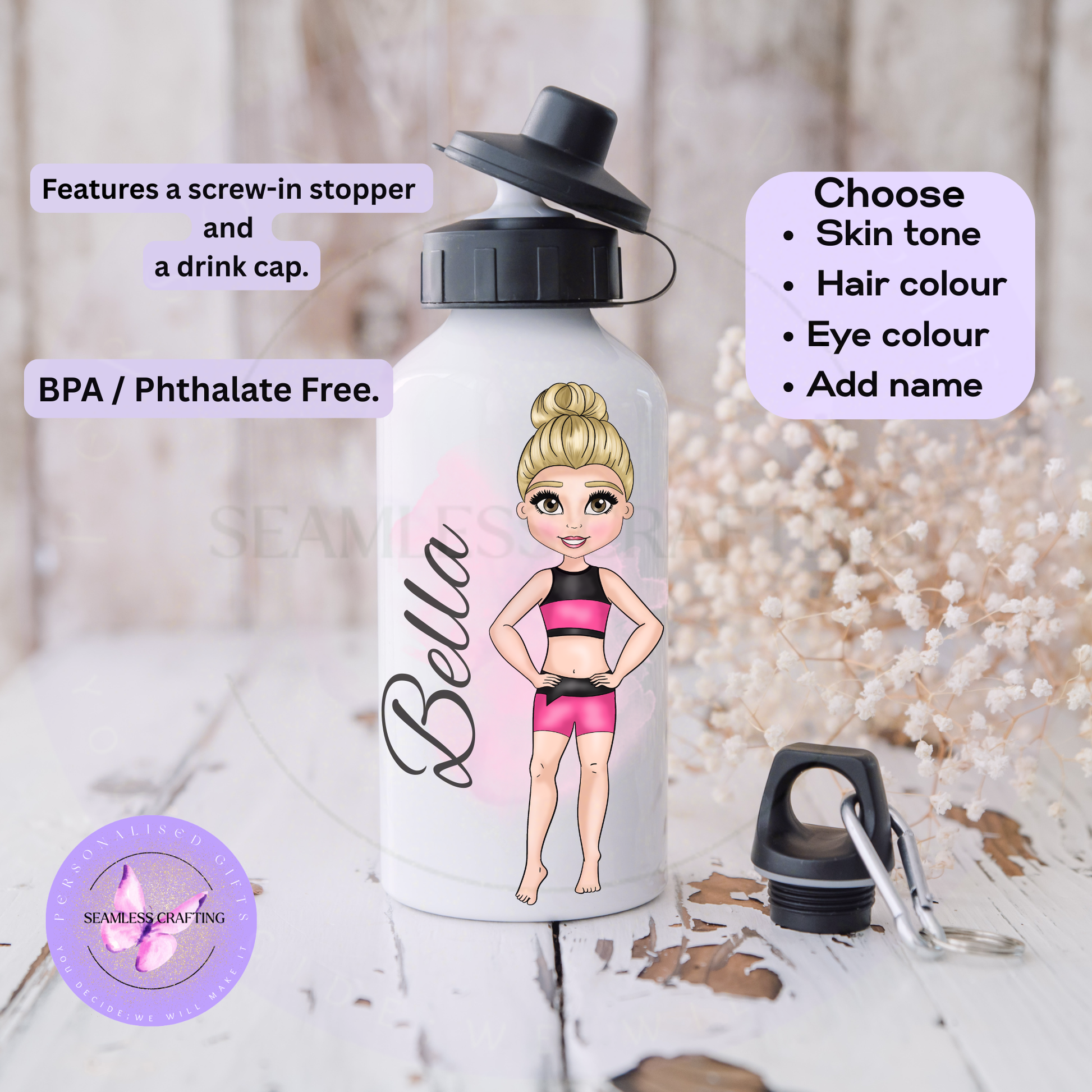 Personalised acro dance bottle with Bella and a dancer wearing a hot pink and black crop top and shorts