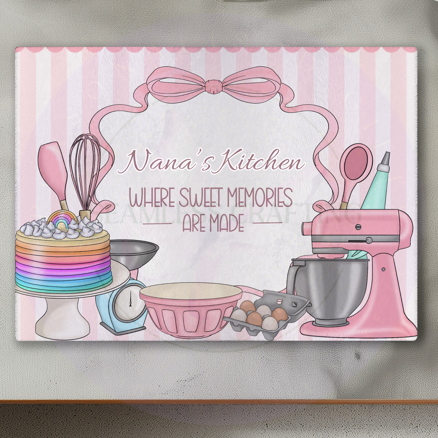Custom name kitchen glass board baking theme personalised worktop saver pink kitchen decor gift for nana or mum
