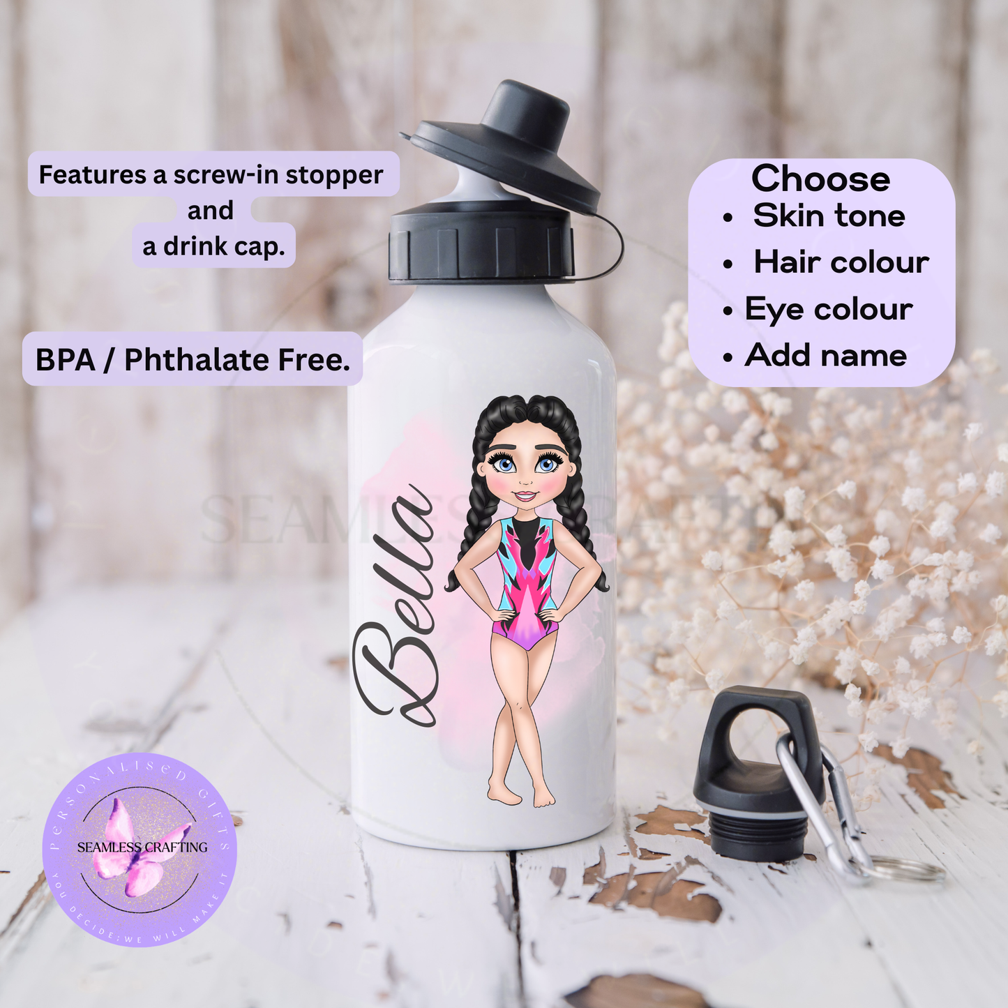 Personalised gymnastics water bottle with Bella and a pink aqua black leotard, shown with screw-cap attachments