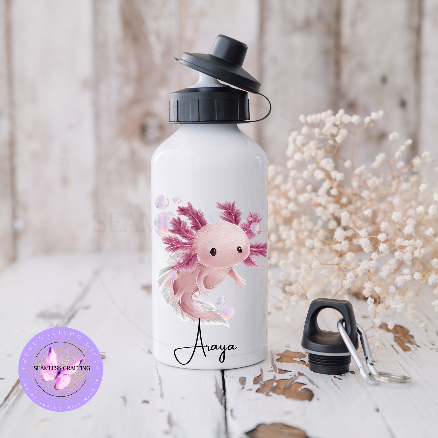 Personalised axolotl water bottle with name Araya pink design 600ml aluminium kids bottle